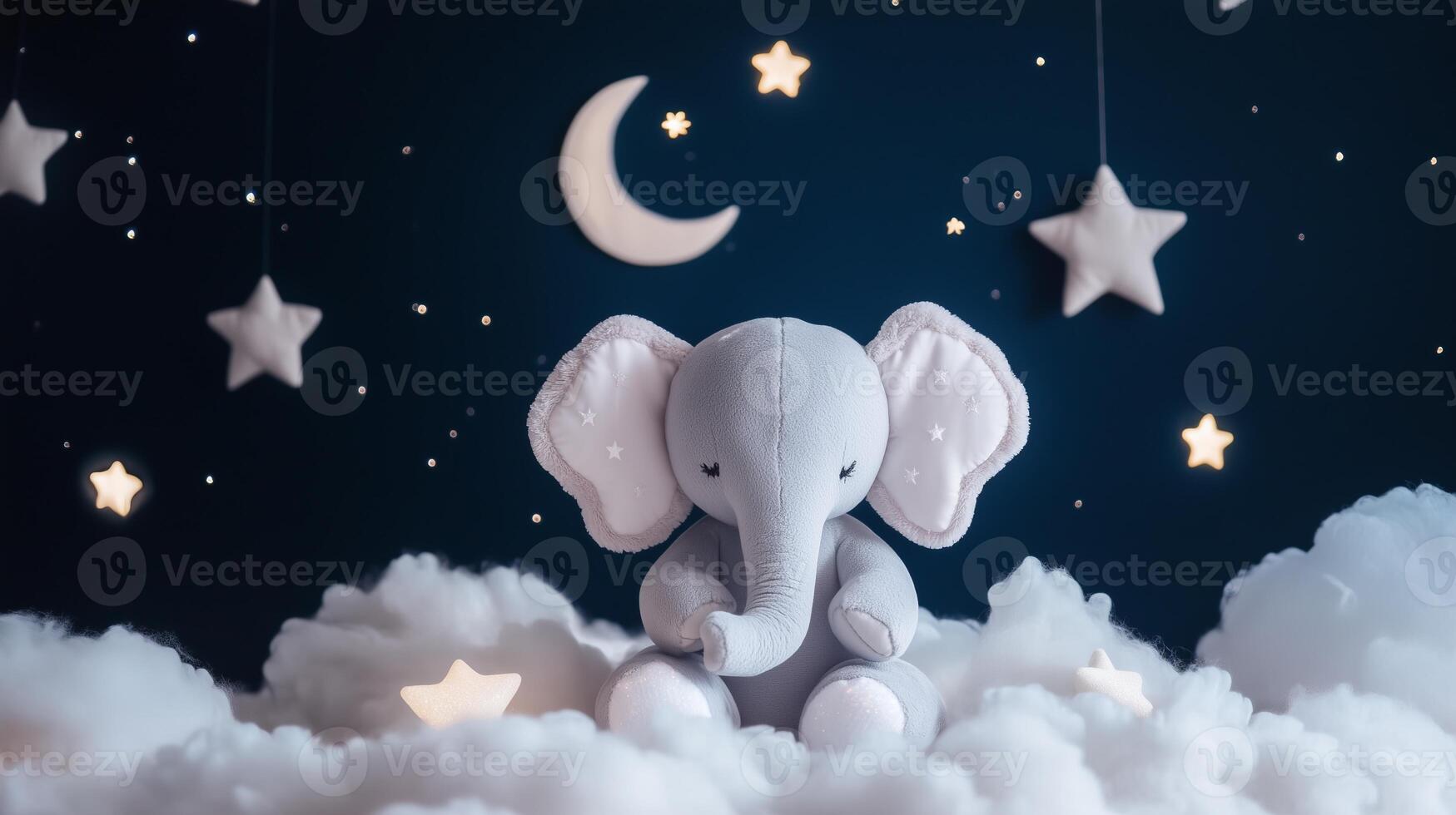 An elephant is sitting on clouds with stars and moon photo