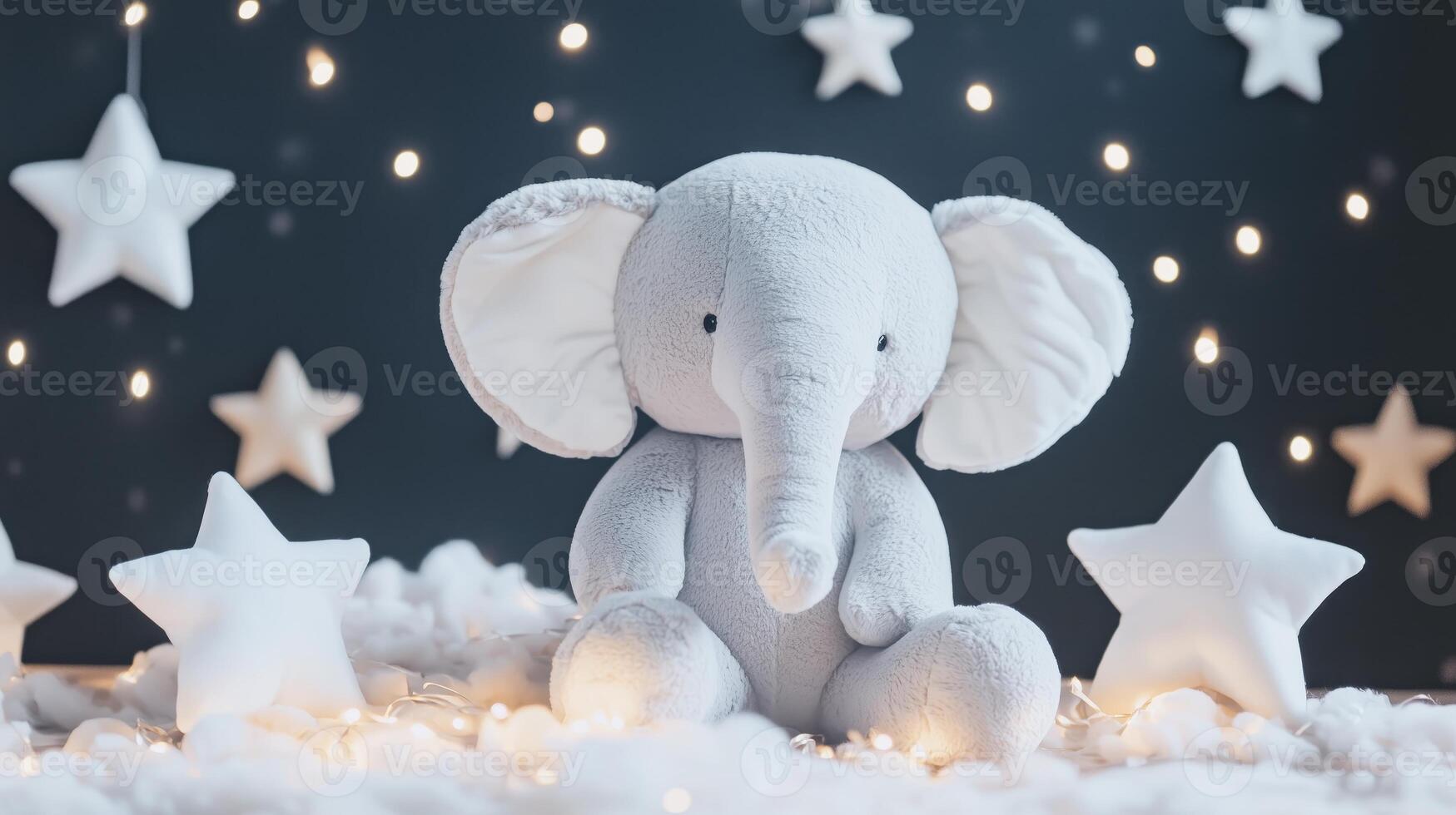 A stuffed elephant is sitting in front of stars photo