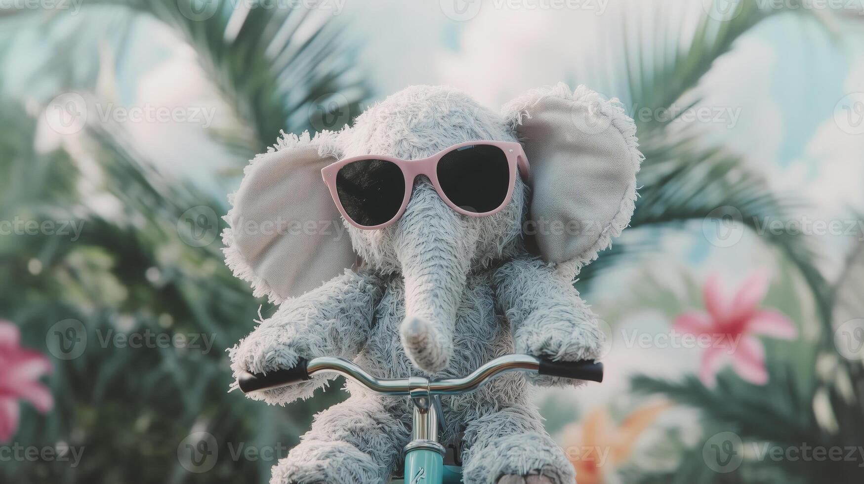 An elephant wearing sunglasses on a bicycle photo