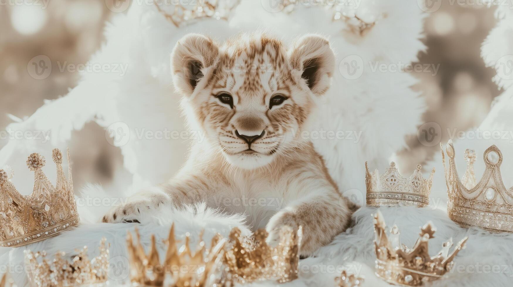 A lion cub with crowns on top of it photo