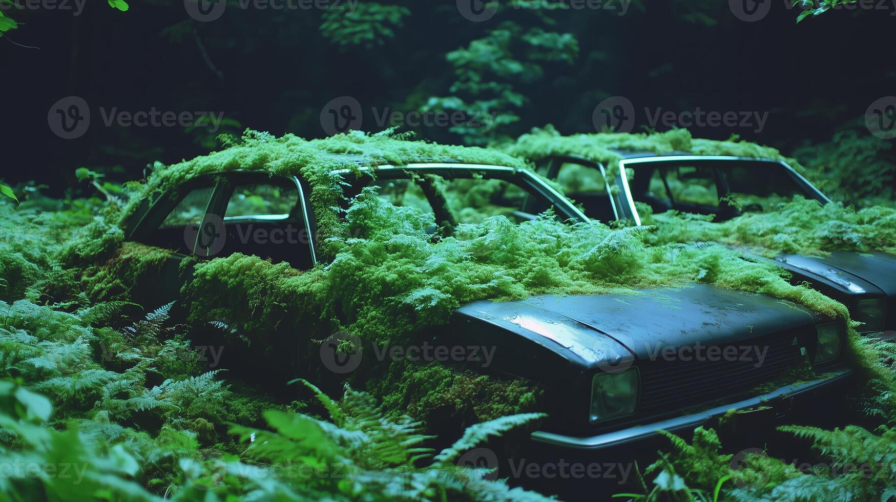 Two cars are covered in moss and vegetation photo