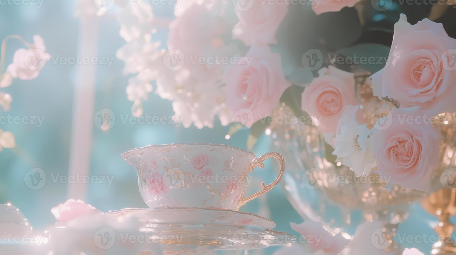 A tea cup and saucer with pink roses on it photo
