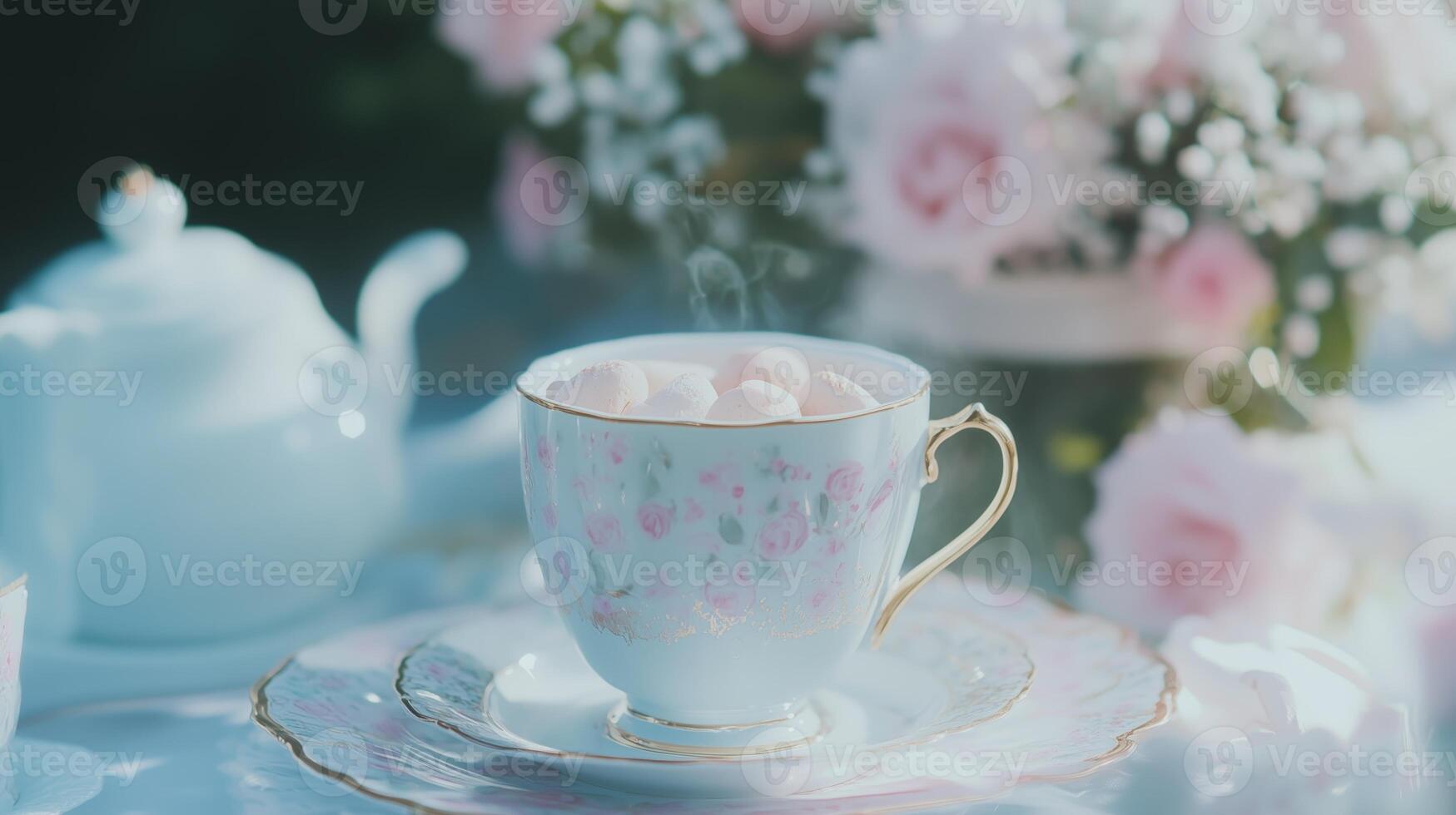 A cup of tea sits on a saucer with a pink rose in the background photo