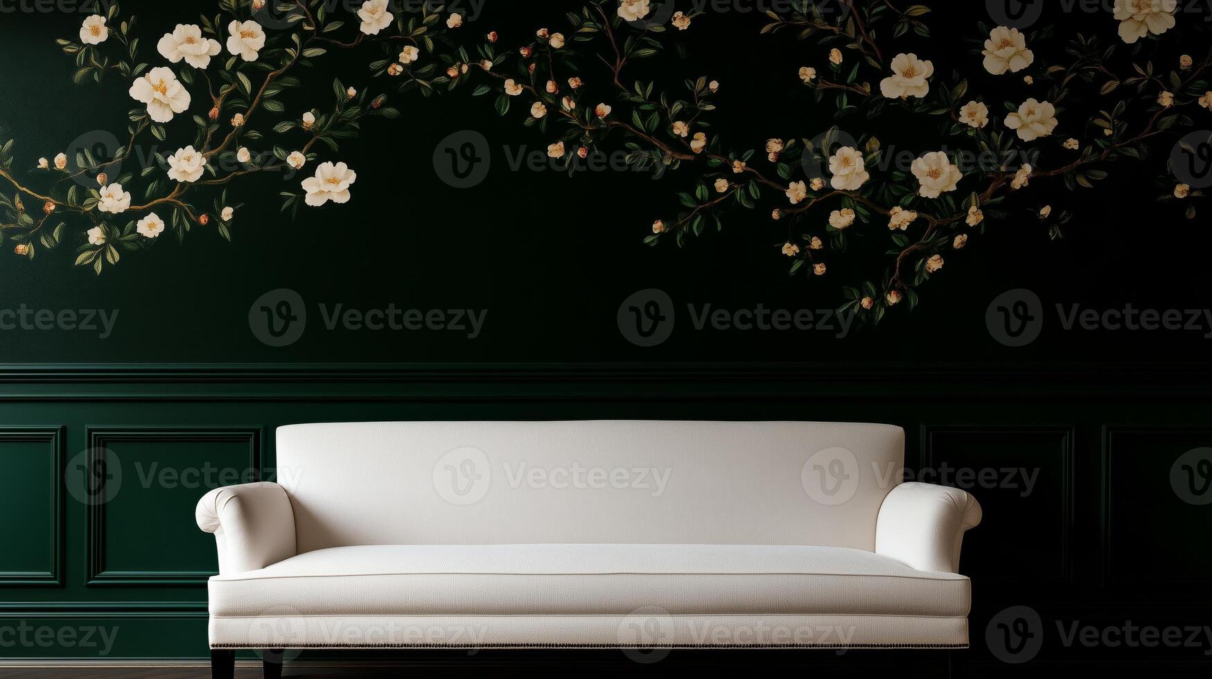 A white couch in front of a green wall with flowers photo