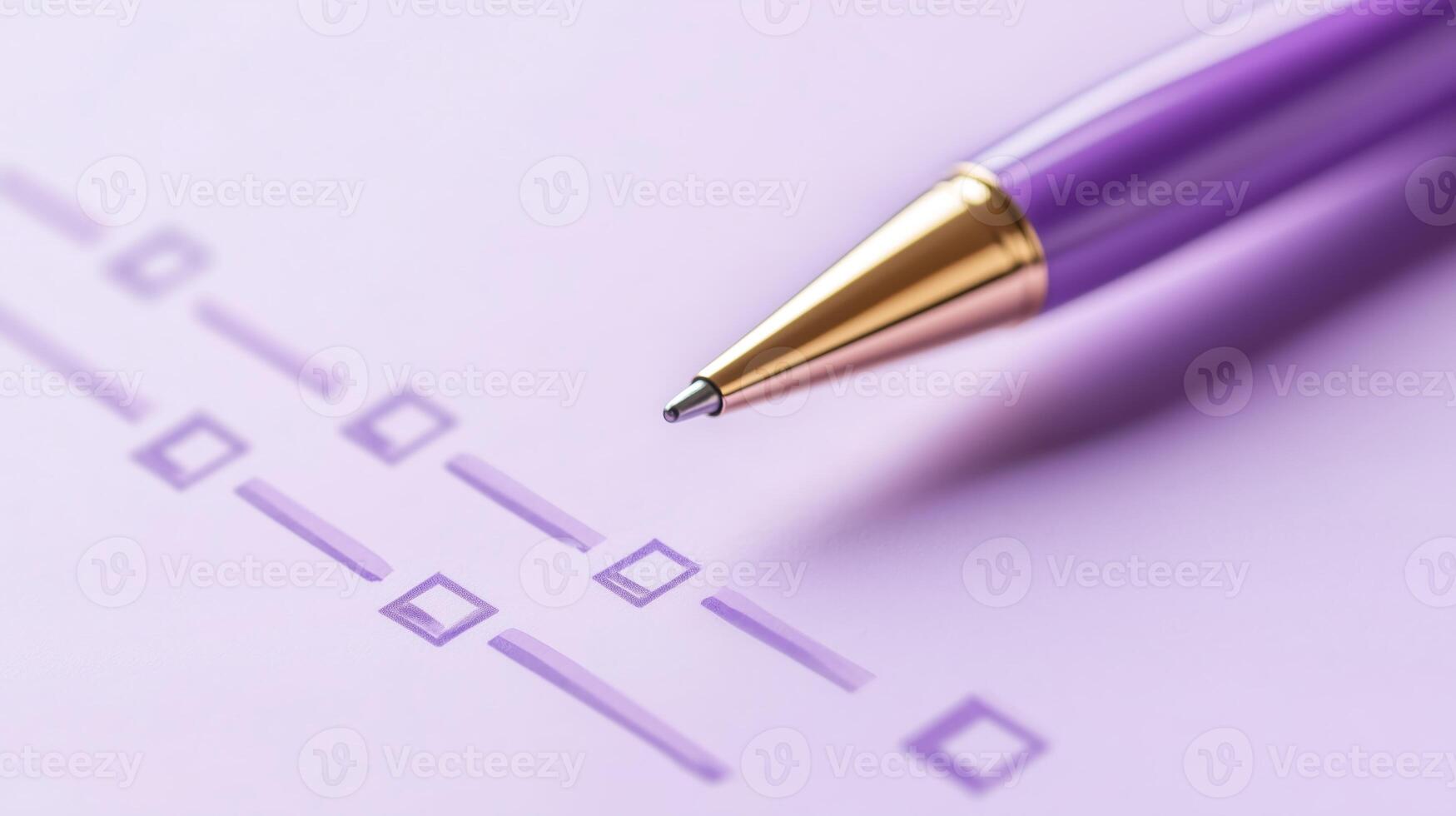 Checklist with purple pen on violet backdrop. photo