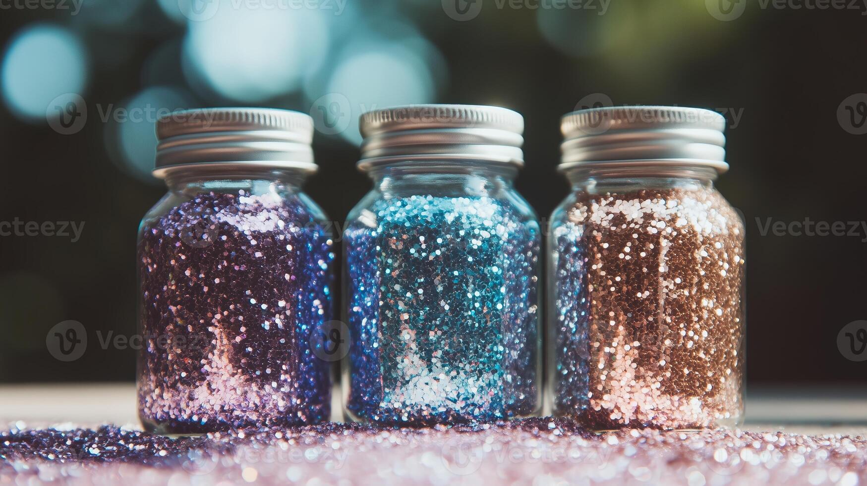 Three bottles of glitter with different colors photo