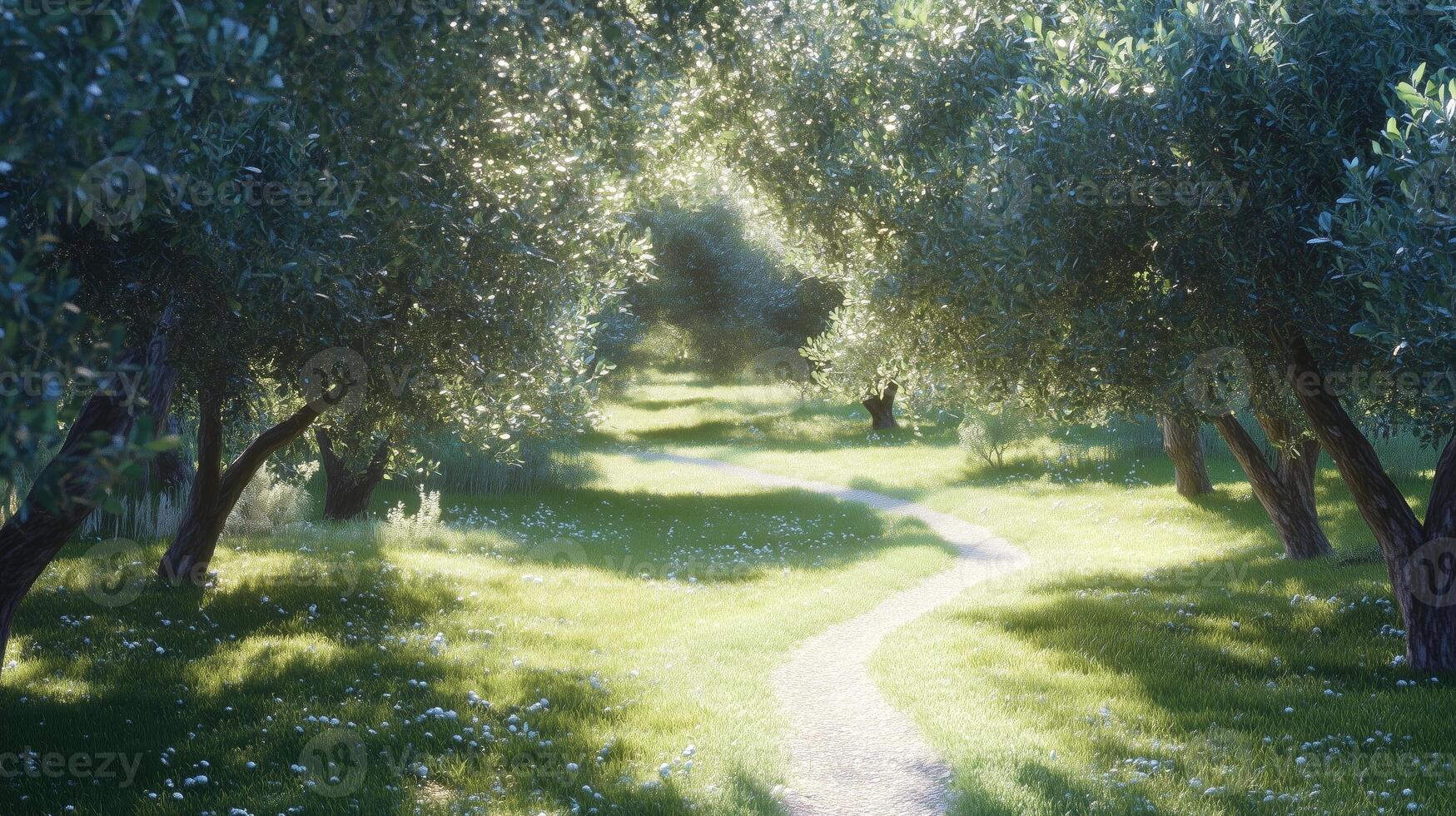 A path through an olive grove with trees and grass photo