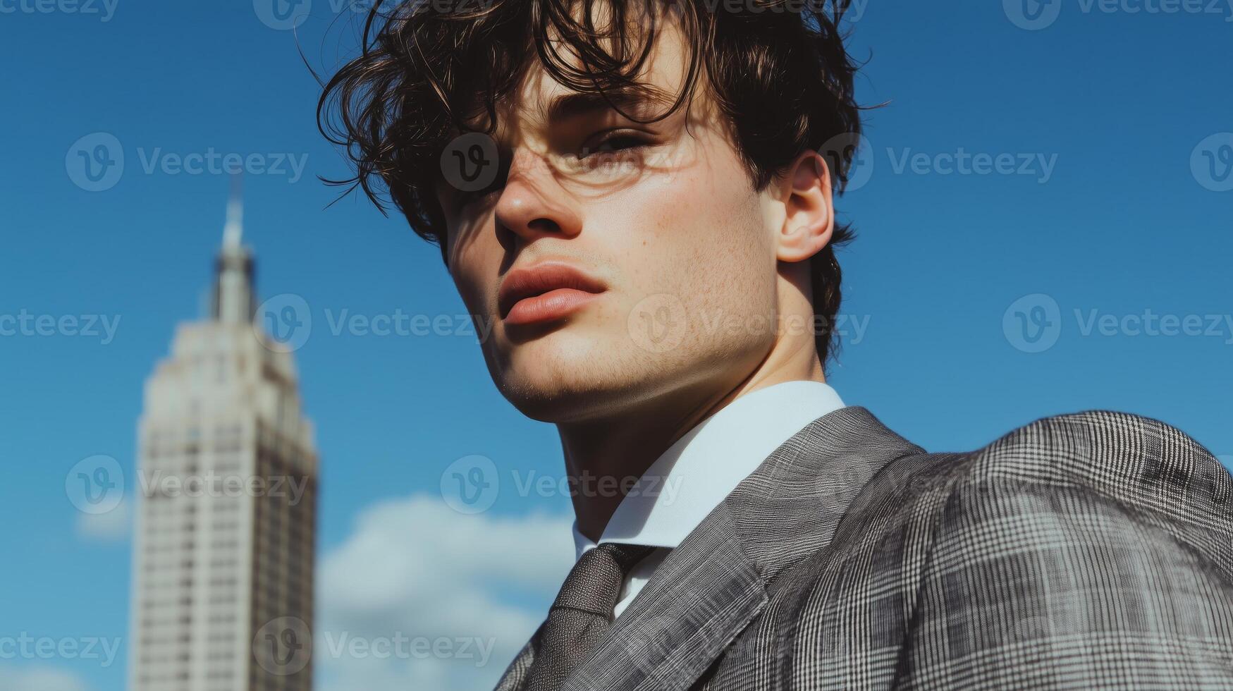 A man in a suit and tie standing in front of a building photo