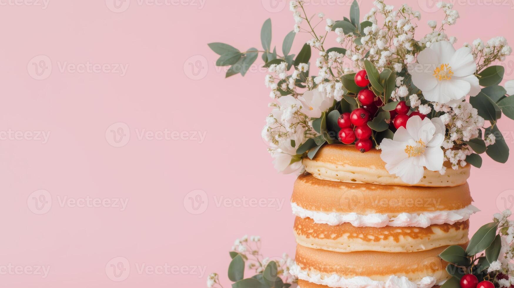 A stack of pancakes with flowers on top photo