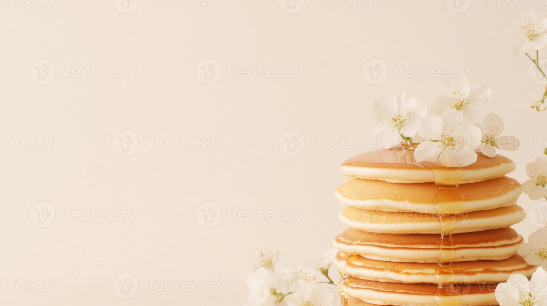 A tall stack of pancakes with syrup and flowers photo