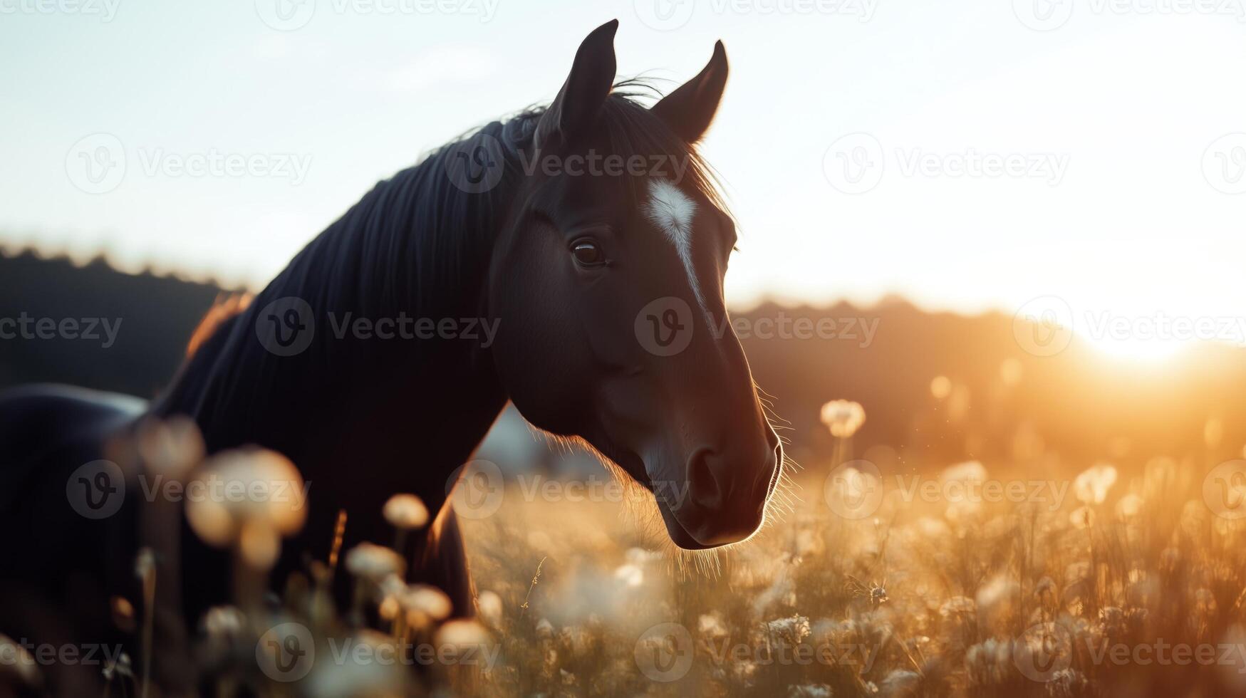 A horse is standing in a field with flowers photo