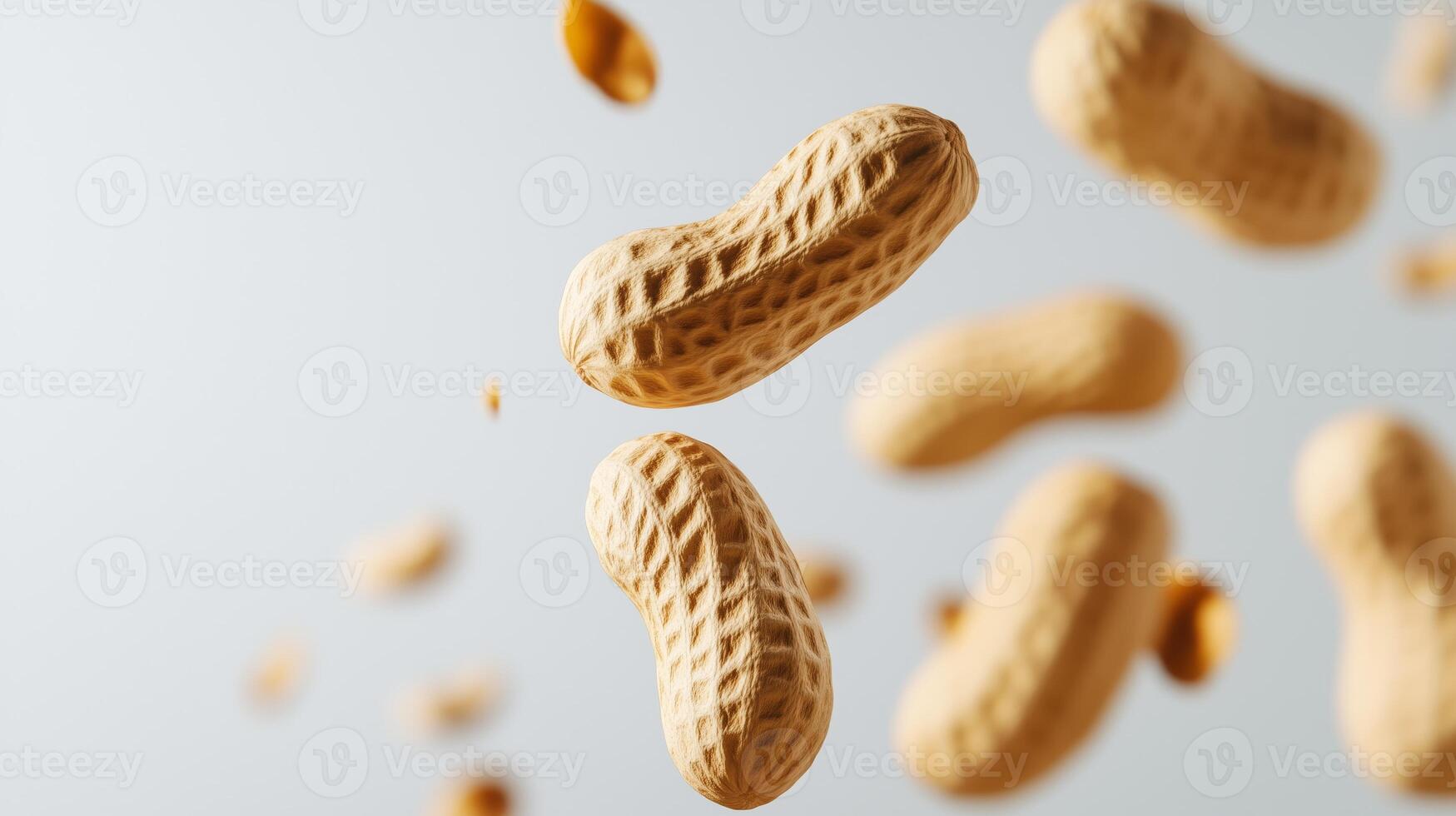 Peanuts in shells floating mid-air against a white background photo