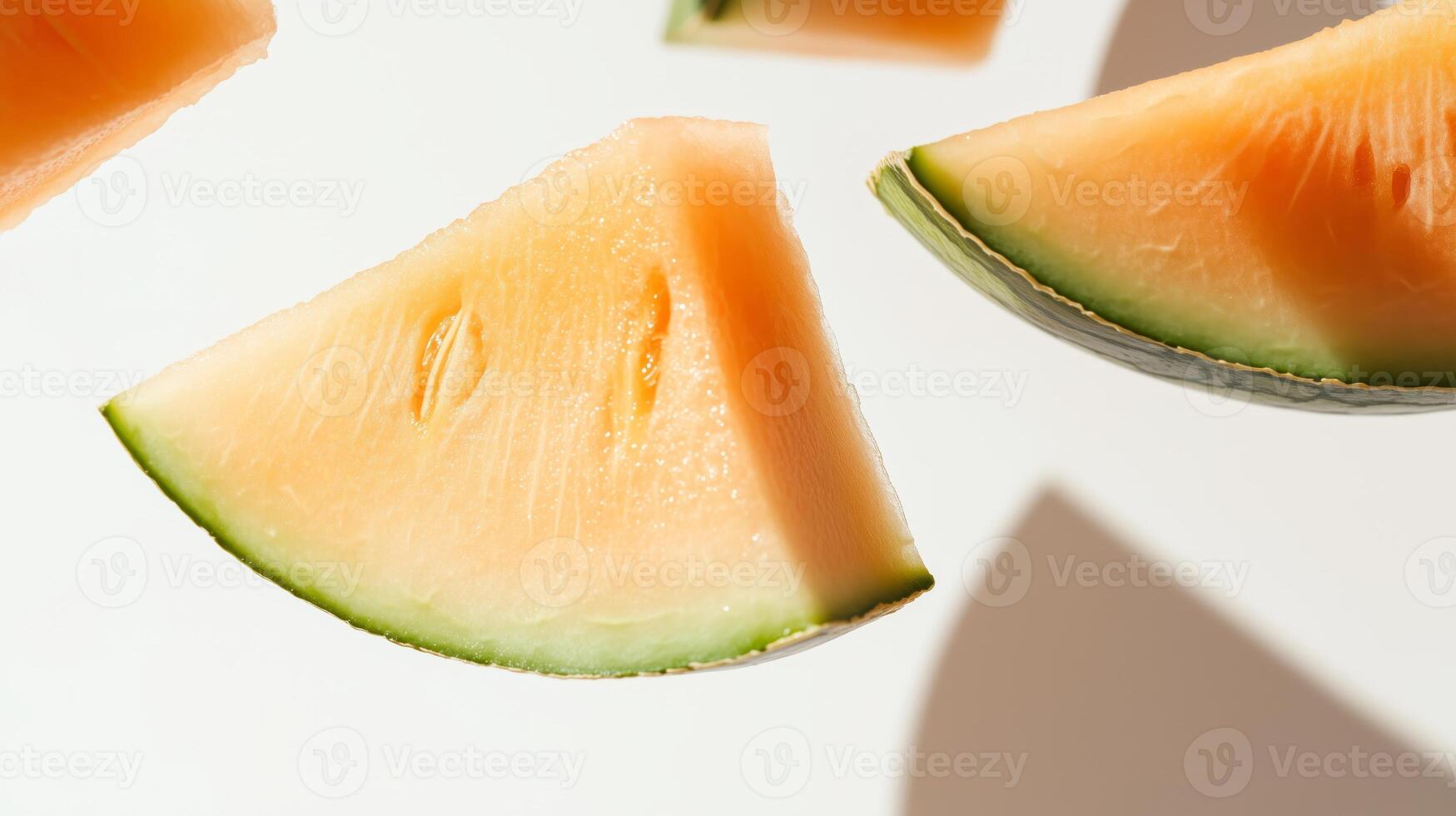 A close up of melon slices on a white surface photo
