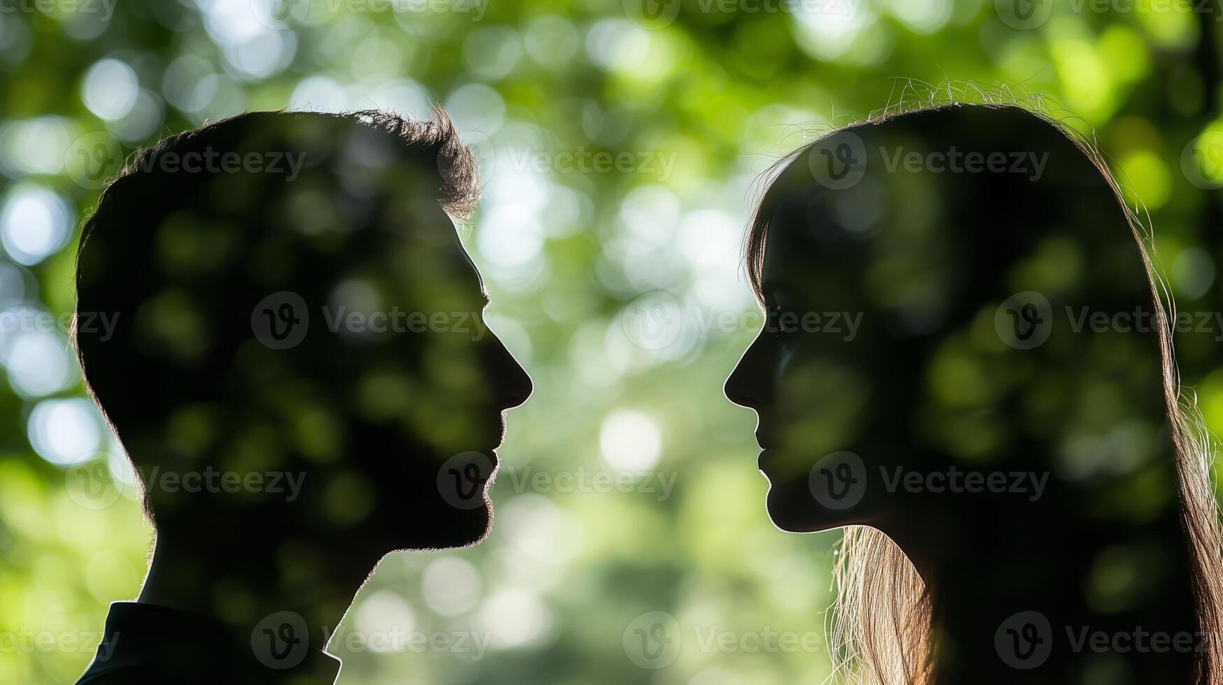 A man and woman are silhouetted against the trees photo
