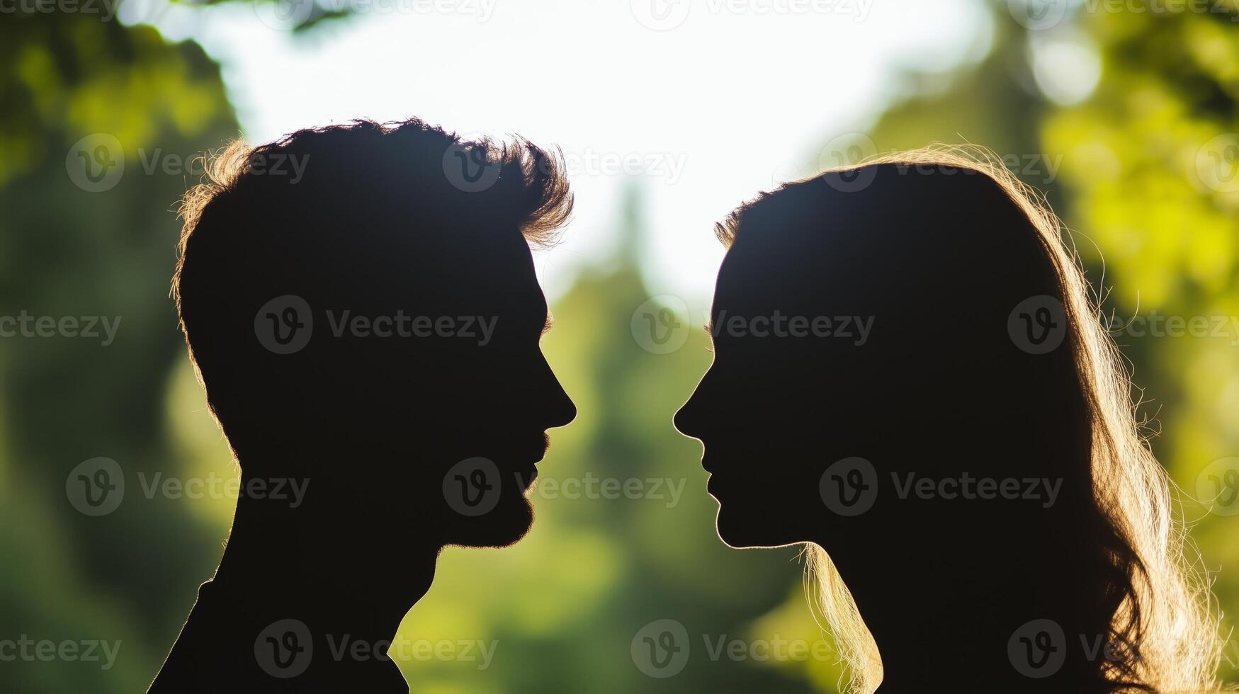 The silhouette of a man and woman in the woods photo