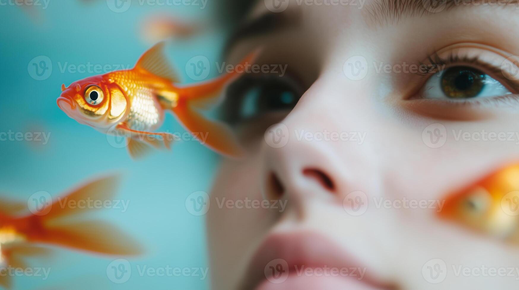 Woman observing colorful goldfish in a home aquarium photo