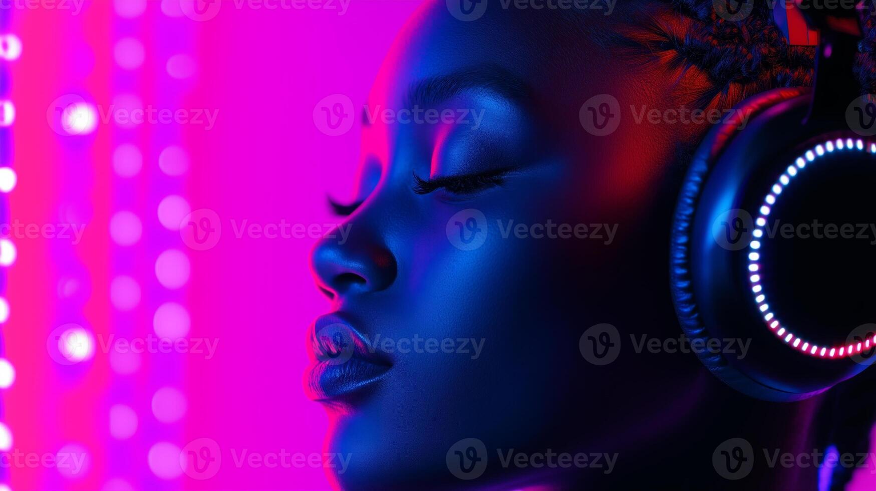 A woman with headphones on her head in front of a purple background photo