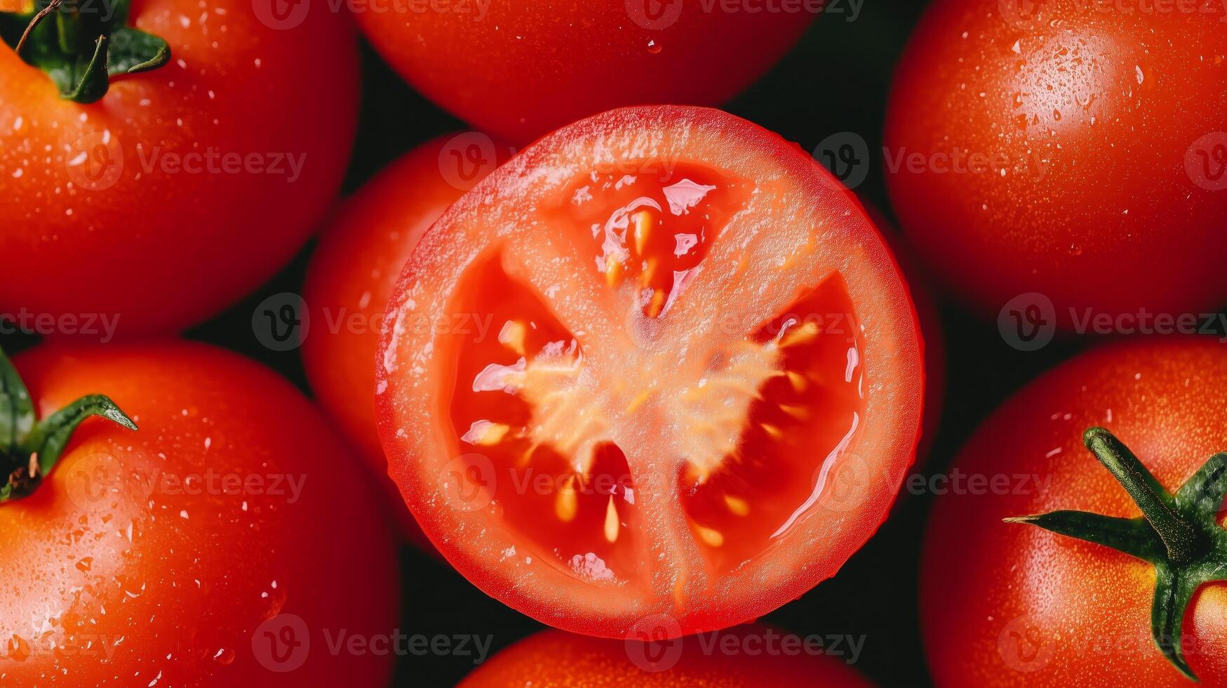 A close-up of several tomatoes, with one being cut photo