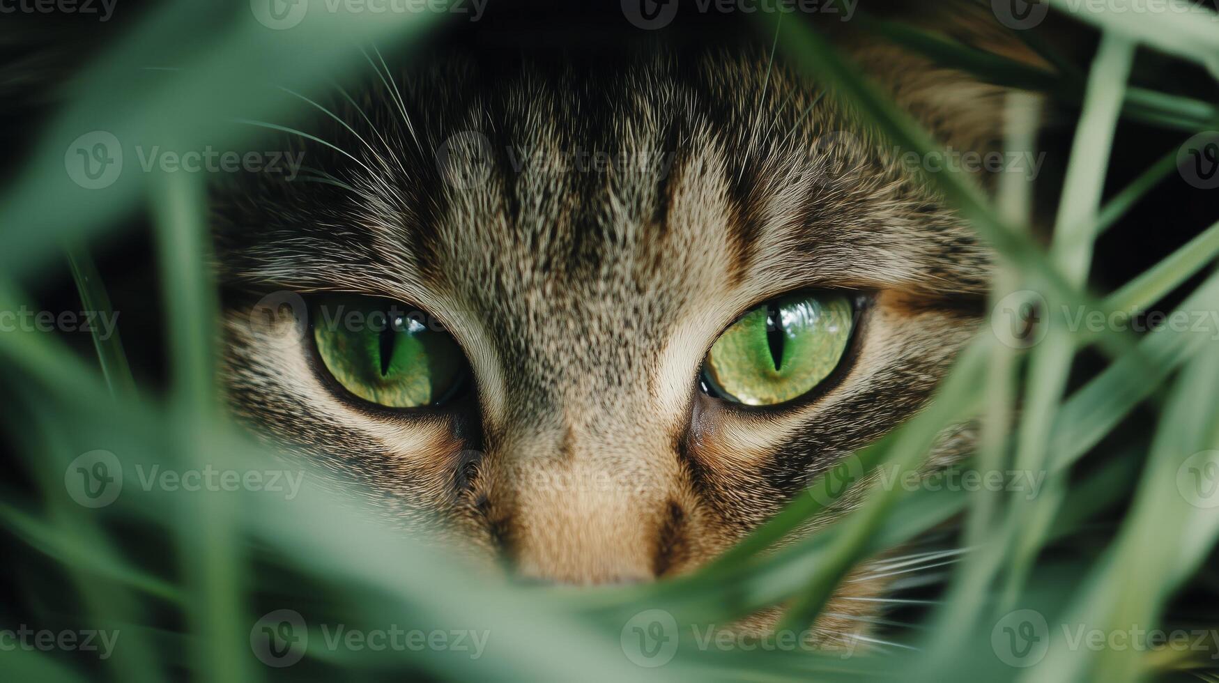 A cat peeking out from the grass photo