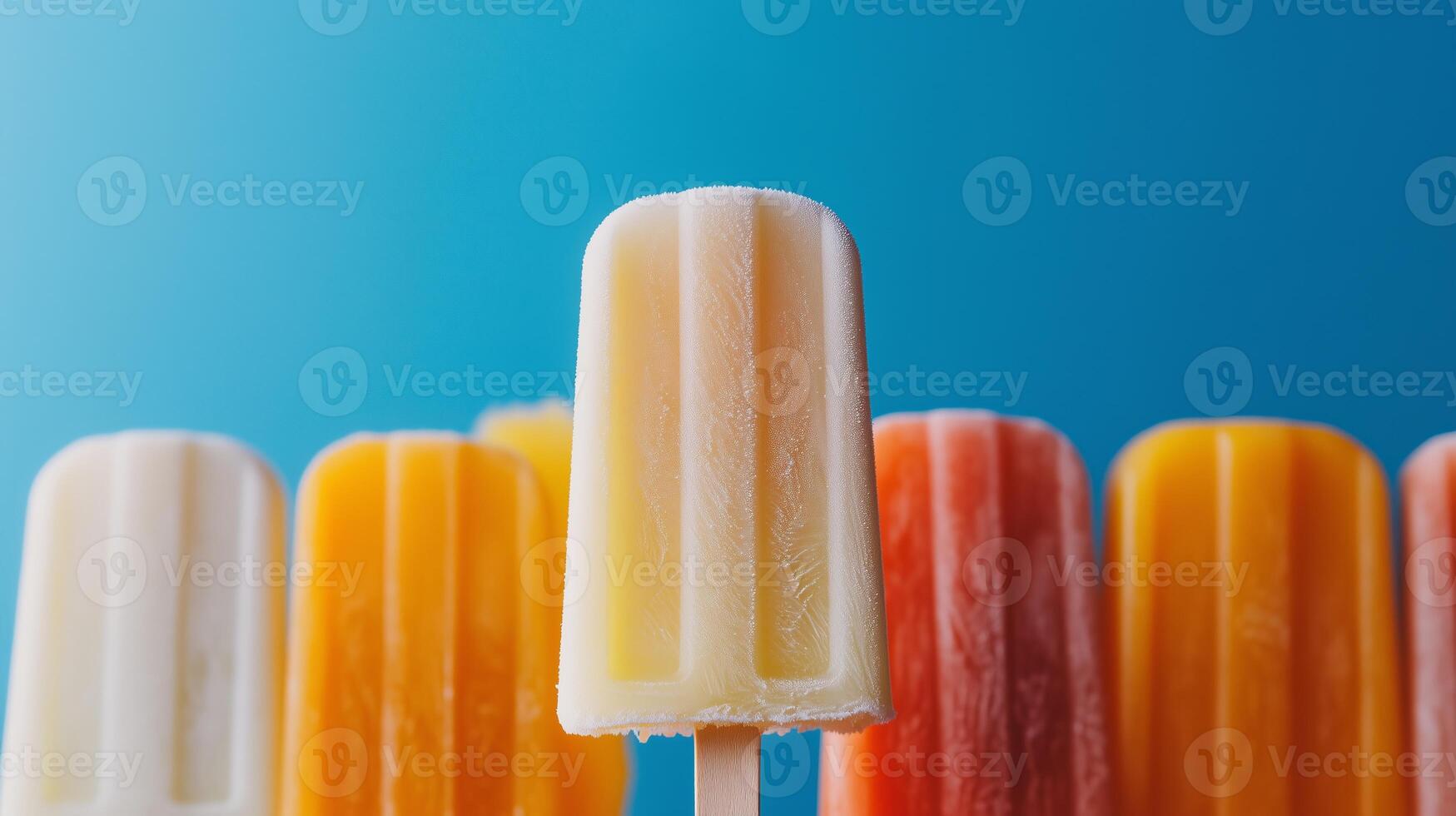 A row of colorful popsicles on a blue background photo