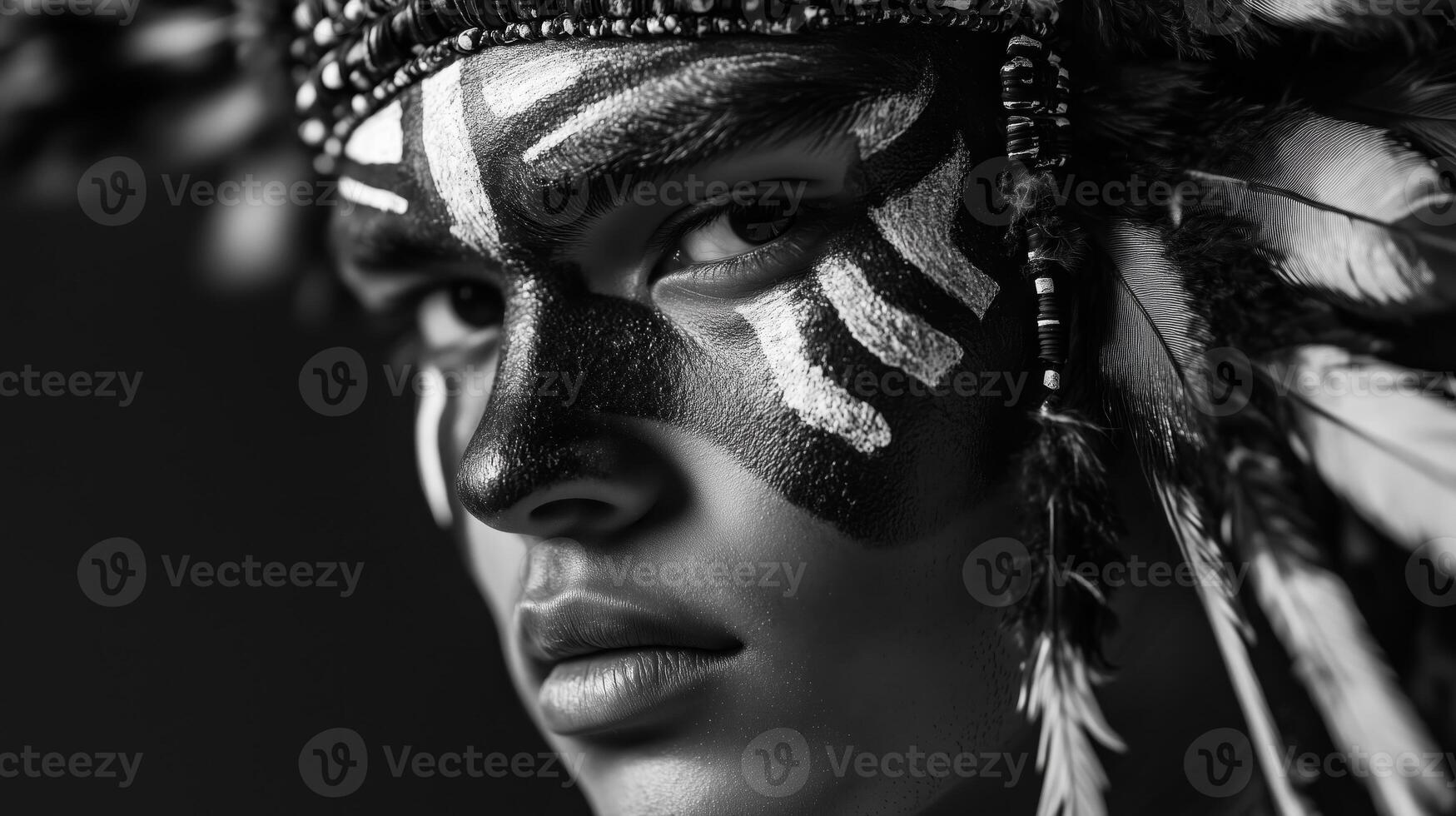 A black and white photo of a woman with a headdress