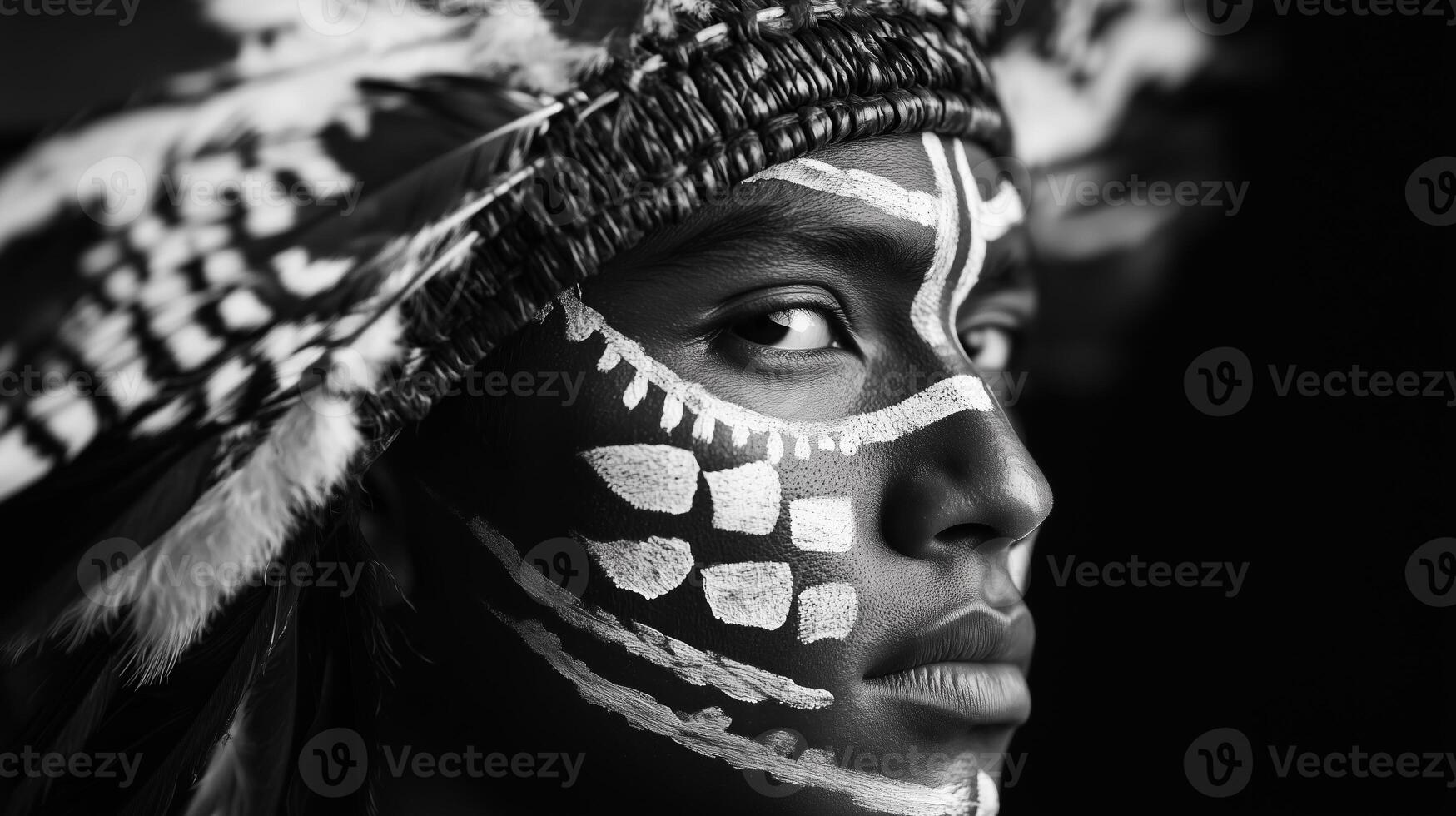 Black and white photo of a man with painted face