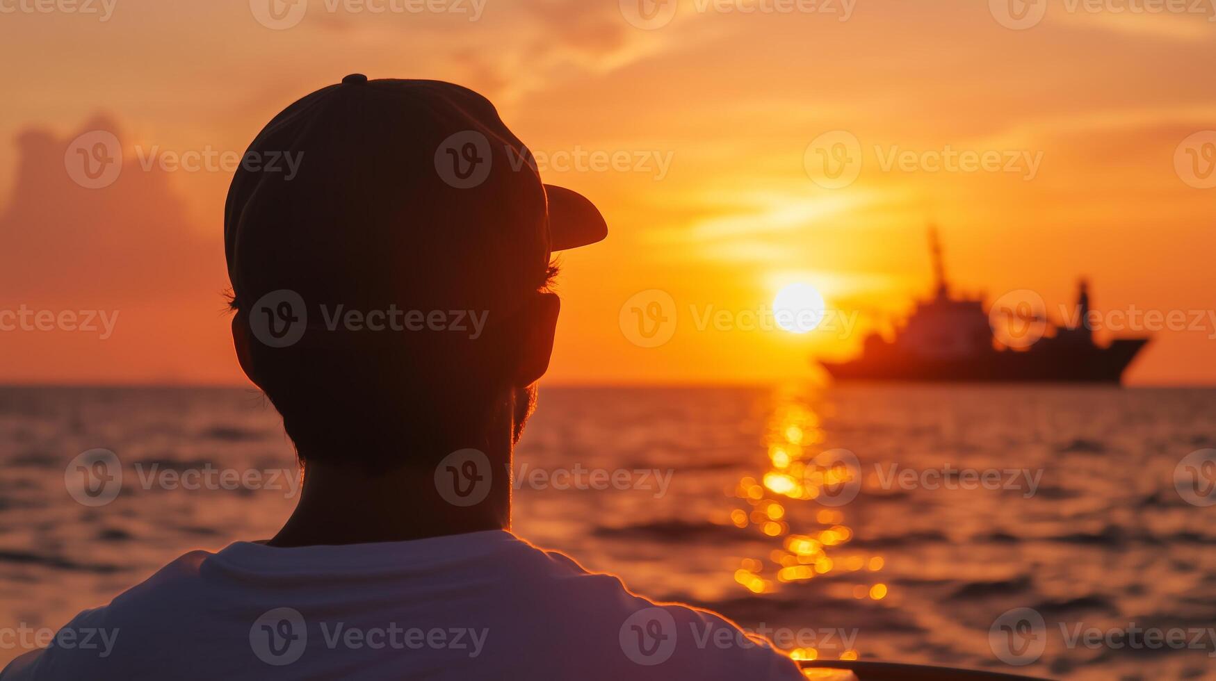 A young fisherman on a boat admires the sunset photo