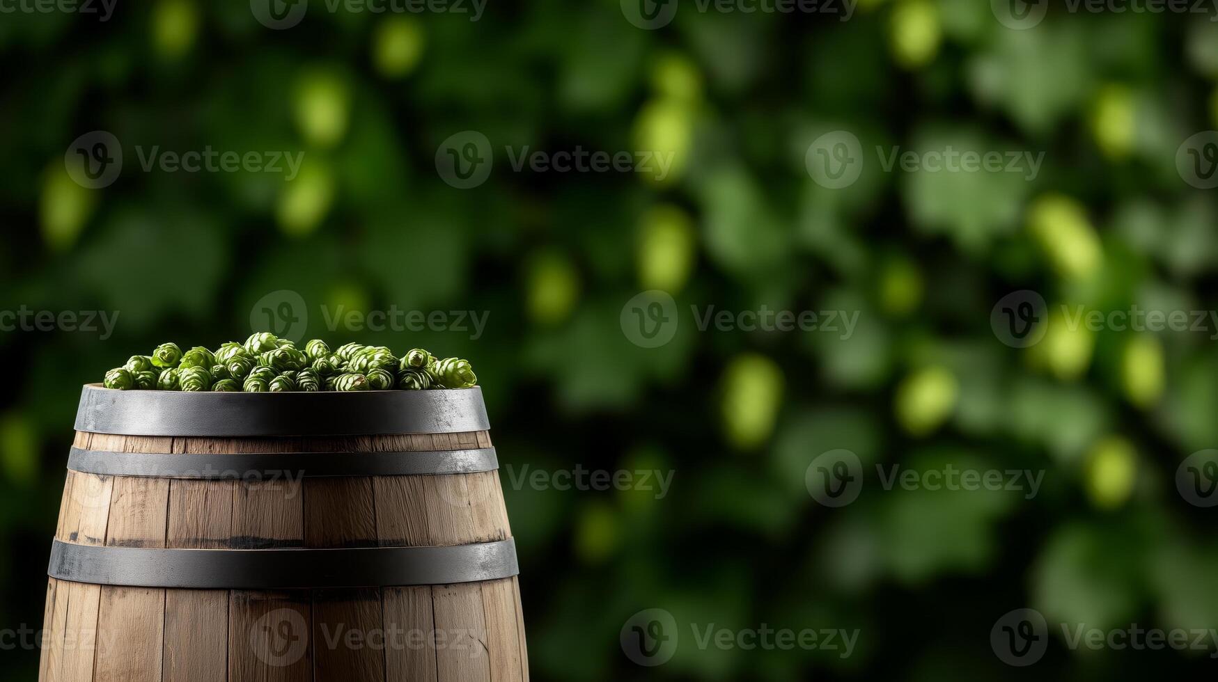 A barrel full of hops on a green background photo
