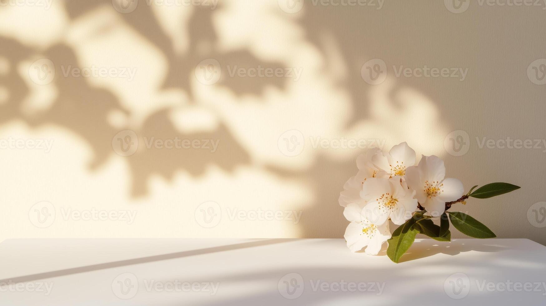 A white flower on a table in front of a wall photo