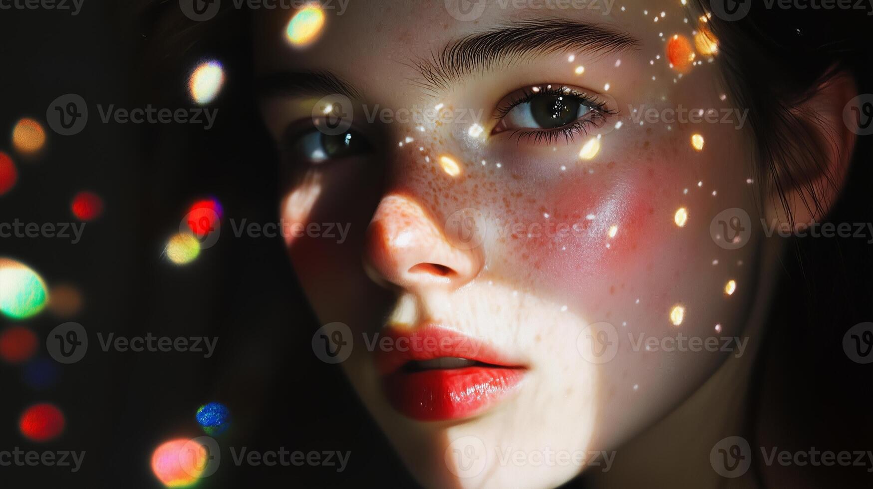 A woman with freckles and a red lipstick photo
