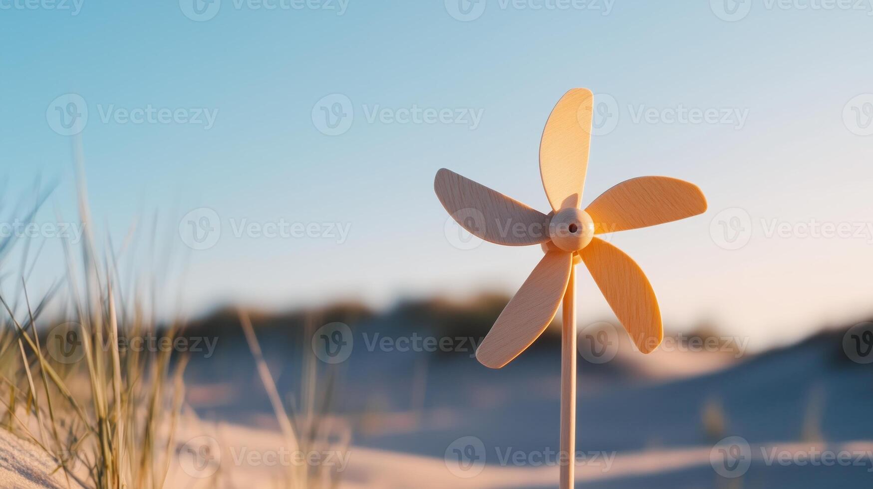 A windmill on a beach with sand dunes in the background photo