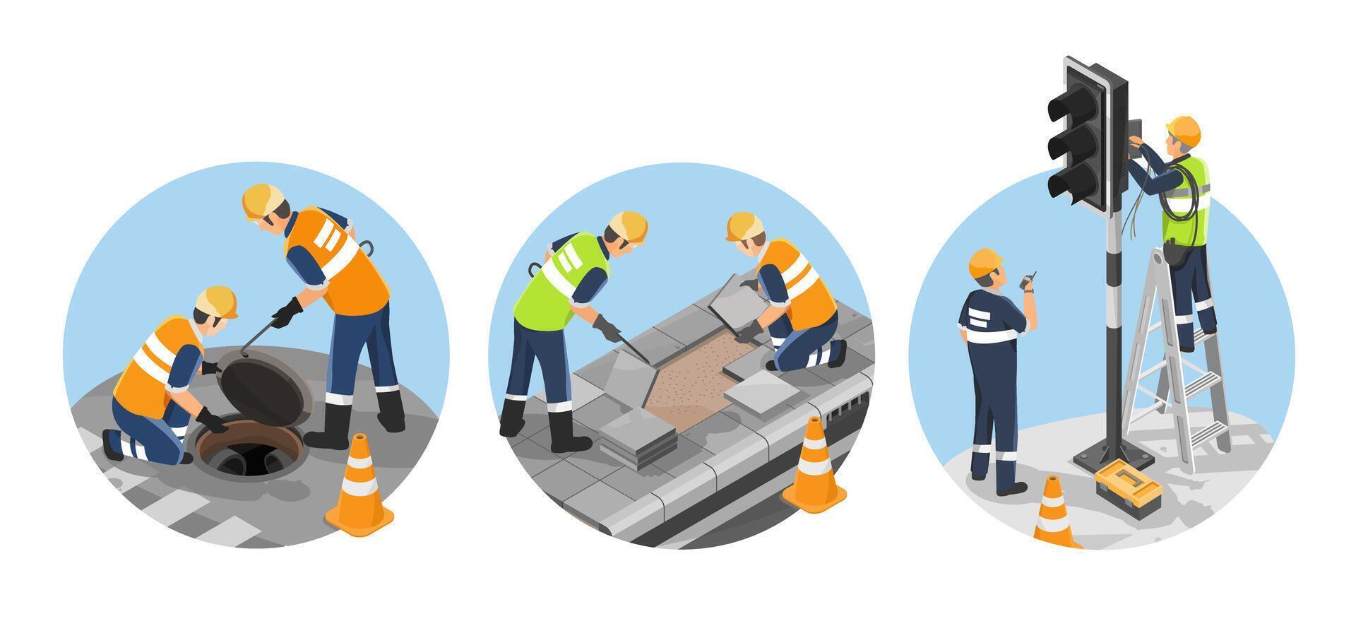 Urban infrastructure maintenance activities including sewer inspection, pavement repair, and traffic light installation by professional workers in safety uniforms isometric vector
