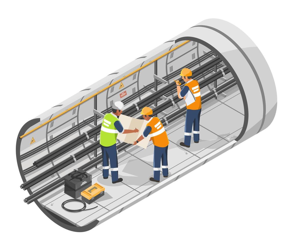 Team of electrical engineers conducting underground tunnel maintenance and inspection of high-voltage power cables using blueprint and technical tools for infrastructure safety vector