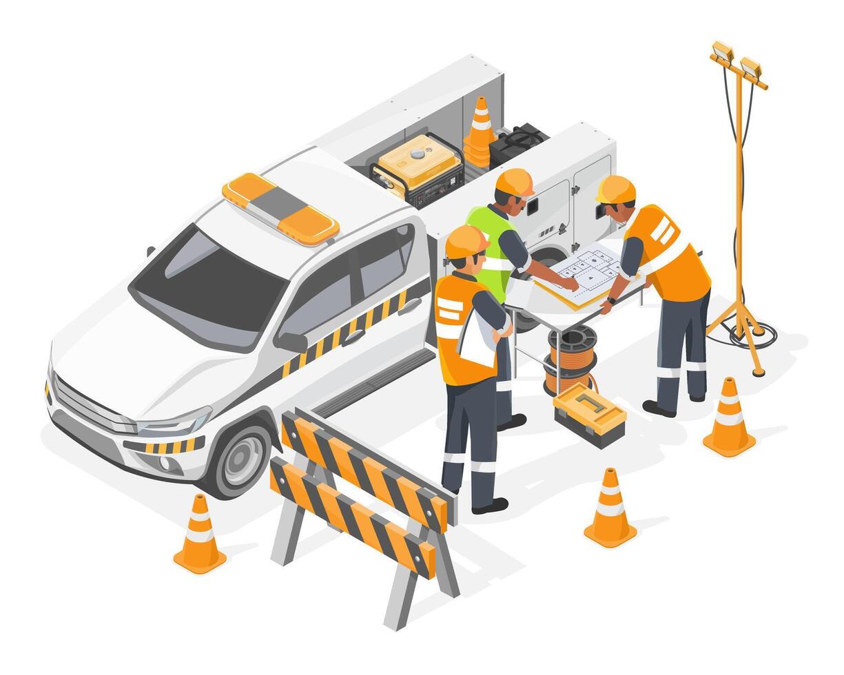 Construction foreman and engineers reviewing site plans at mobile workstation near service vehicle with safety barriers and equipment on road project cartoon vector