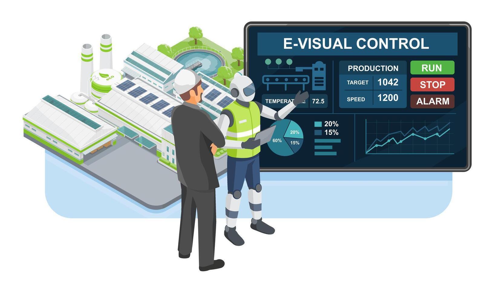 Futuristic robot engineer discussing production data with factory manager using smart control panel in eco-friendly industrial plant cartoon vector