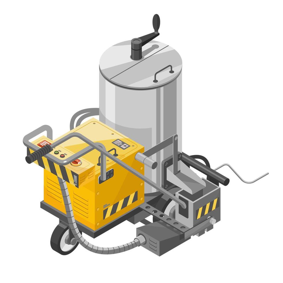 Isometric illustration of a traffic line marking machine used for painting road surface stripes during street maintenance and infrastructure construction projects vector