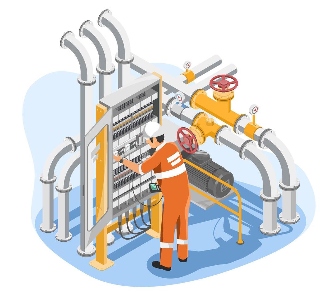 Petroleum engineer operating electrical control panel to monitor gas pipeline system for optimal performance and safety in energy industry facility cartoon vector