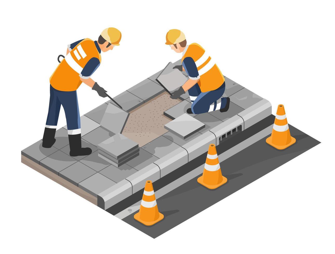 Two construction workers fixing broken sidewalk tiles with tools and safety gear during pavement maintenance in urban area isometric cartoon vector