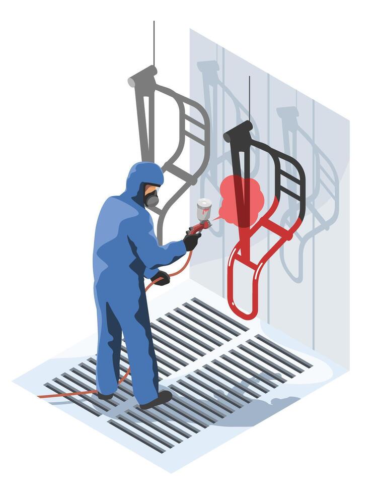 Industrial painter in protective suit spraying red paint on metal parts inside a controlled coating booth to meet manufacturing quality standards isometric cartoon vector
