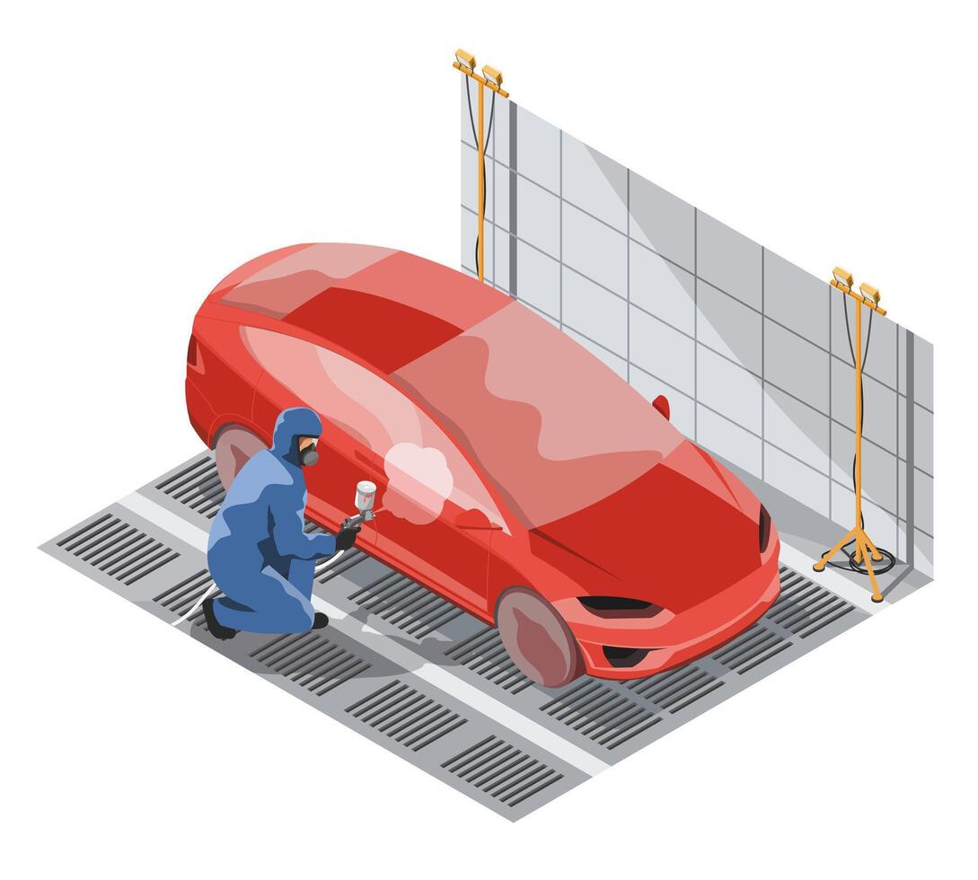 Automotive technician in protective gear painting a red vehicle in a spray booth as part of car body repair and refinishing process in an auto body shop vector