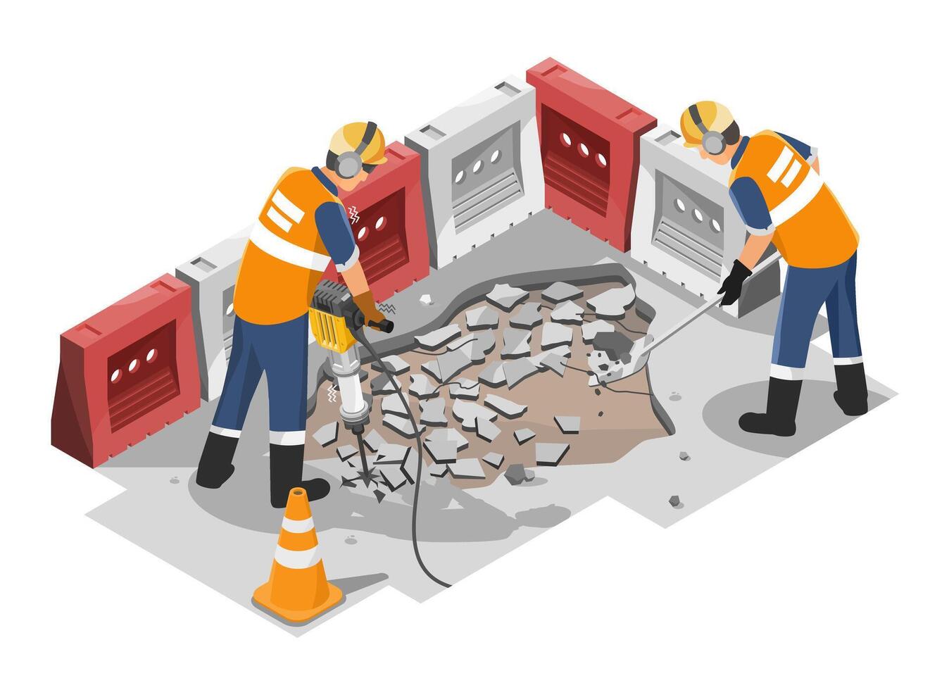 Construction workers using jackhammer and tools to repair broken concrete road surface in safety zone with barriers and caution cone isometric vector