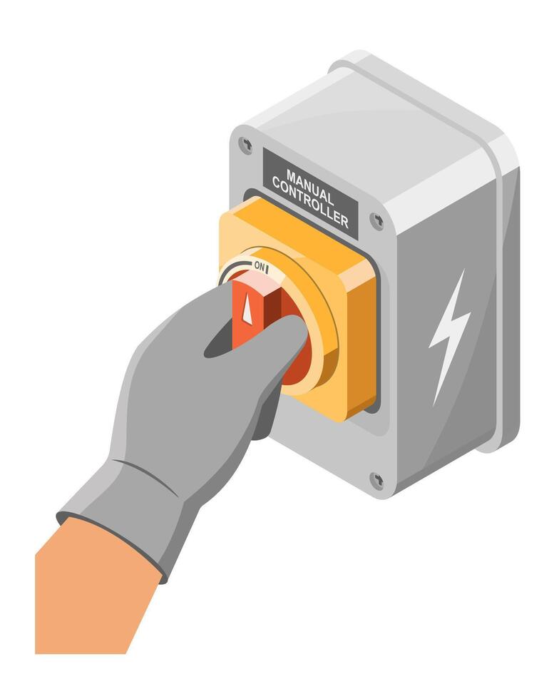 Industrial safety training illustration of a worker wearing protective gloves turning a manual power switch for electrical hazard prevention in factory workplace vector