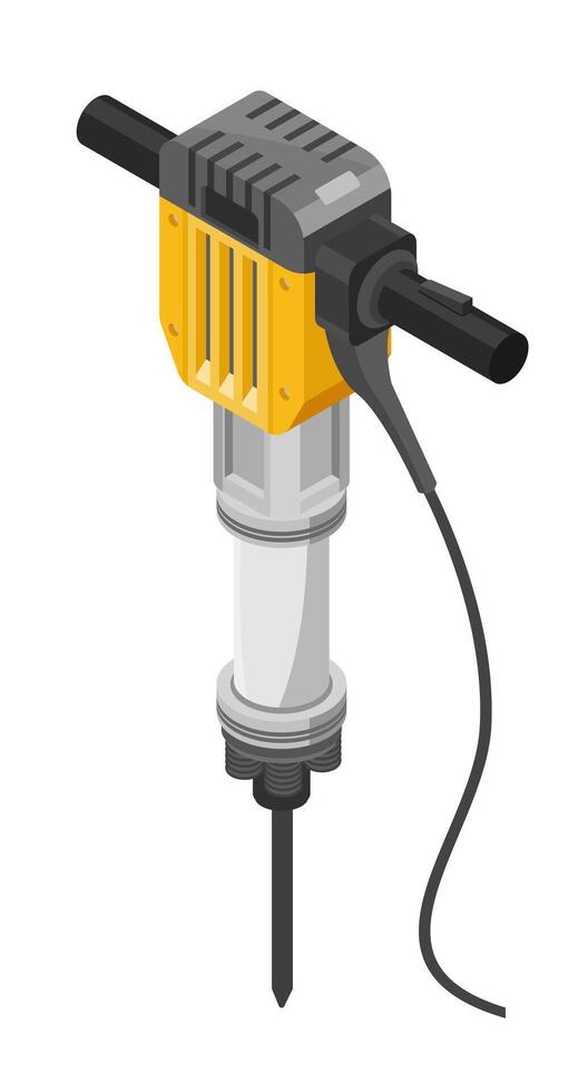 Isometric illustration of a powerful electric jackhammer with black handles and yellow motor housing, isolated on white for construction and industrial tool concept vector
