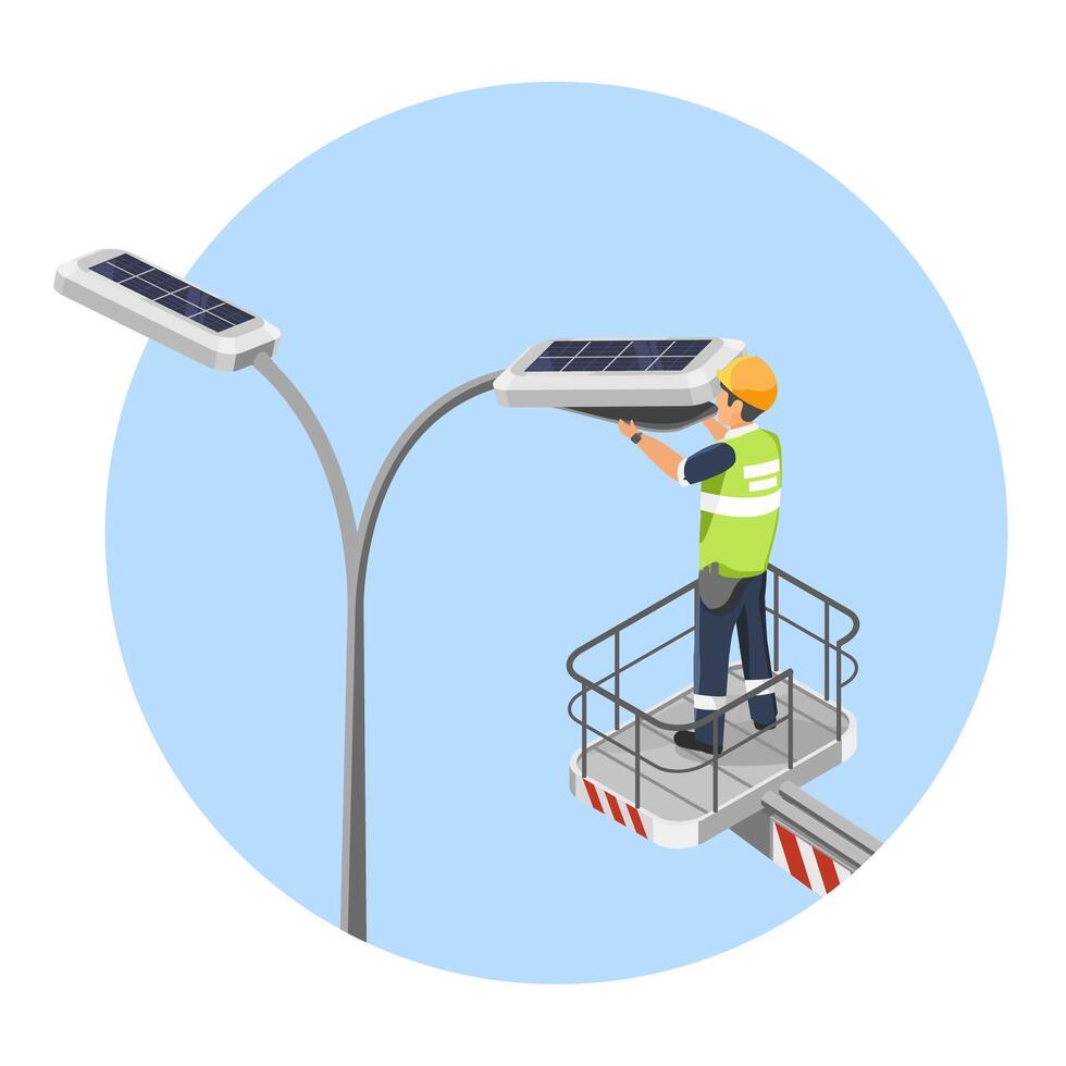 Worker performing maintenance on a solar-powered street light using a hydraulic lift under clear blue sky isometric cartoon vector