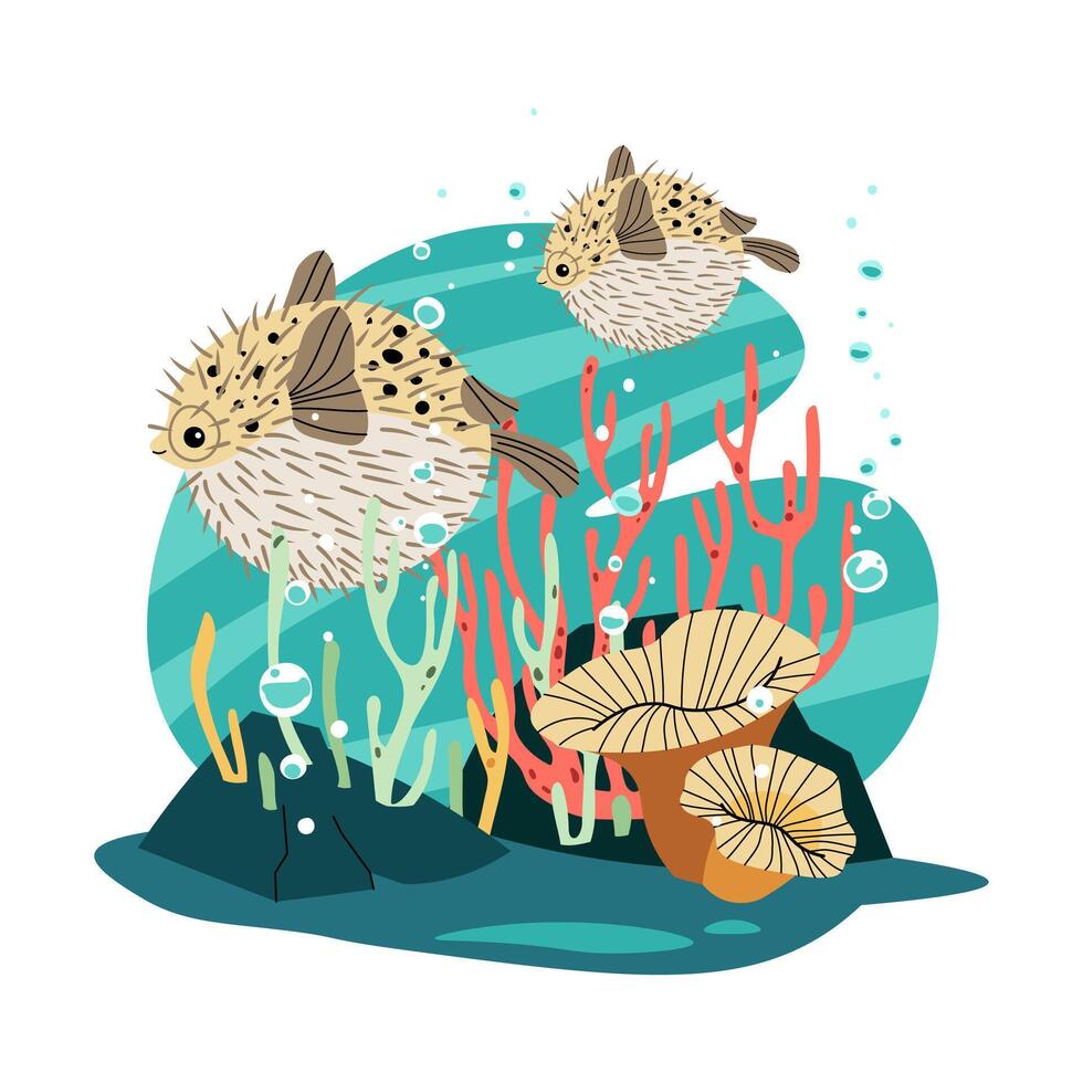 Pufferfish and Coral Reef Isolated on White Background. Marine Life Illustration for Ocean Conservation, Aquarium Decor and Educational Materials. Flat Design vector