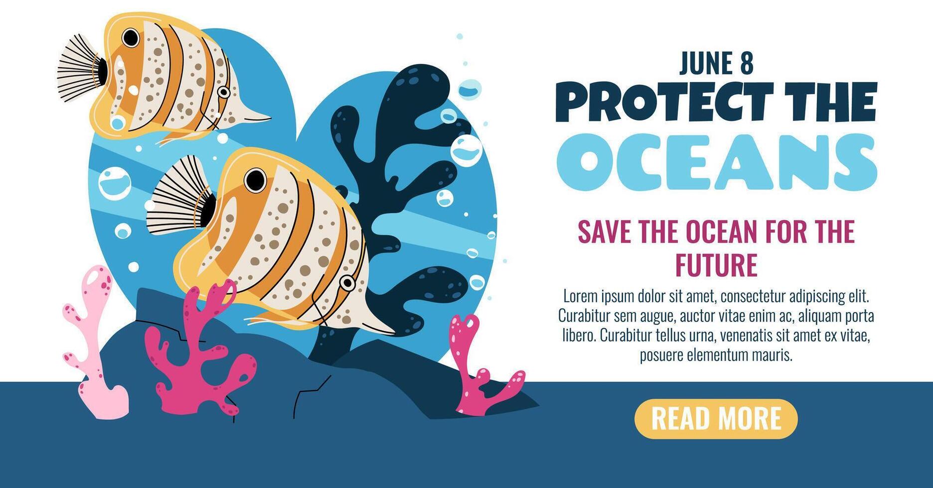 World Oceans Day Horizontal Banner Featuring Butterflyfish, Coral Reef for Marine Biodiversity Awareness. Perfect for Ocean Conservation Campaigns and Educational Projects. Illustration vector