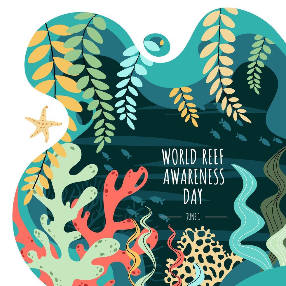 World Reef Day Square Banner Featuring Coral Reef and Seaweed for Marine Conservation Awareness. Perfect for Social Media Posts and Environmental Campaigns. Illustration vector