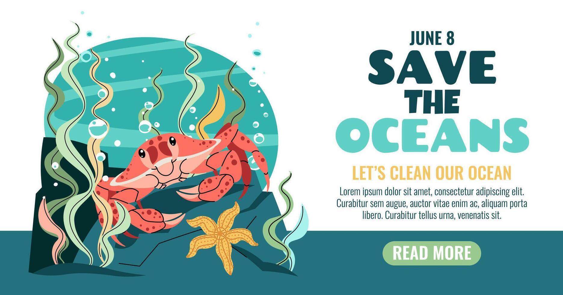 World Oceans Day Banner with Playful Crab Among Seaweed. Marine Conservation Design for Social Media and Eco Campaigns to Protect Coastal Habitats vector