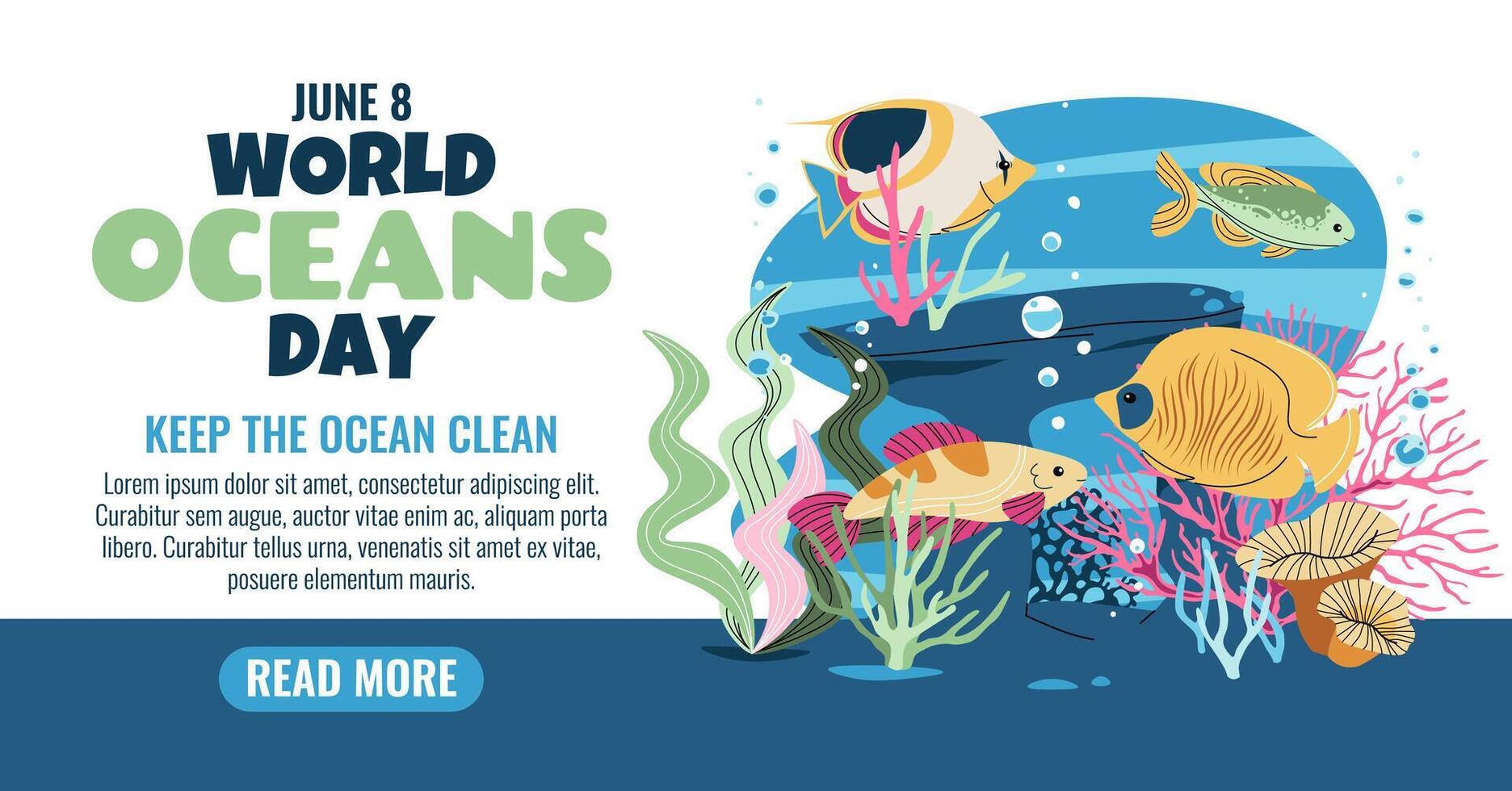 World Oceans Day Banner. Tropical Fish in Coral Reef for Ocean Protection. Ideal for Social Media Posts and Website to Promote Marine Conservation. vector