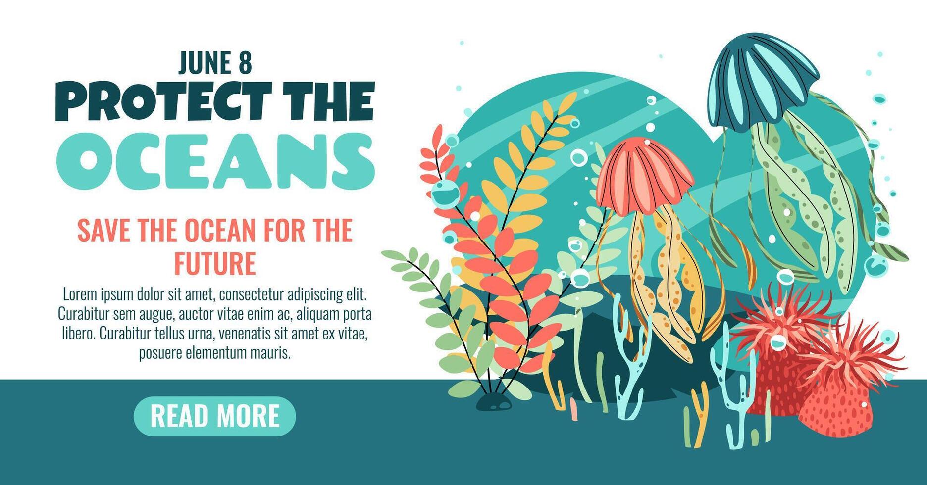 World Oceans Day Horizontal Banner Featuring Jellyfish and Seaweed in Flat Design Style for Marine Biodiversity Awareness. Perfect for Ocean Conservation Campaigns, Websites, Apps and Print Materials vector